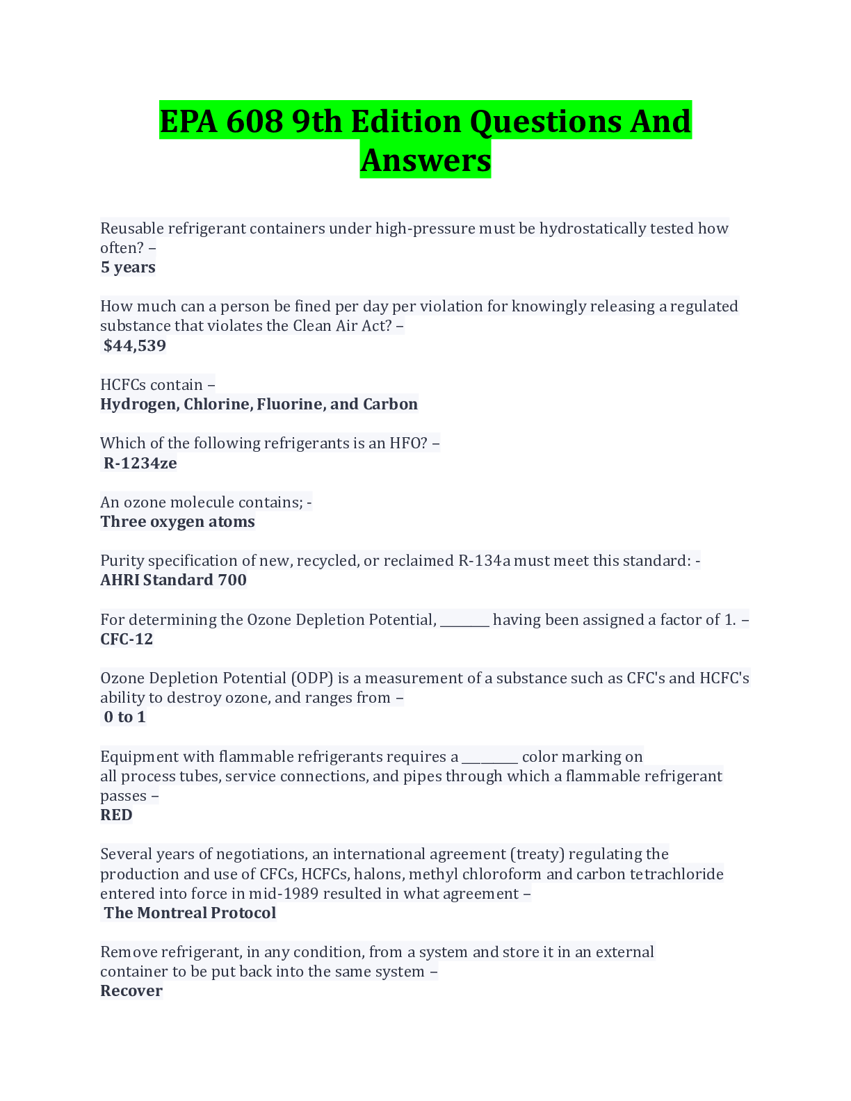EPA 608 Questions And Answers Solution Pack. - Browsegrades